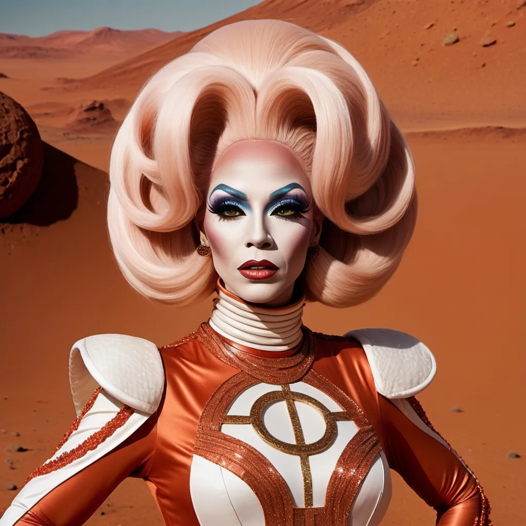 Prompt: The most beautiful drag queen on Mars wearing the traditional Martian dress.