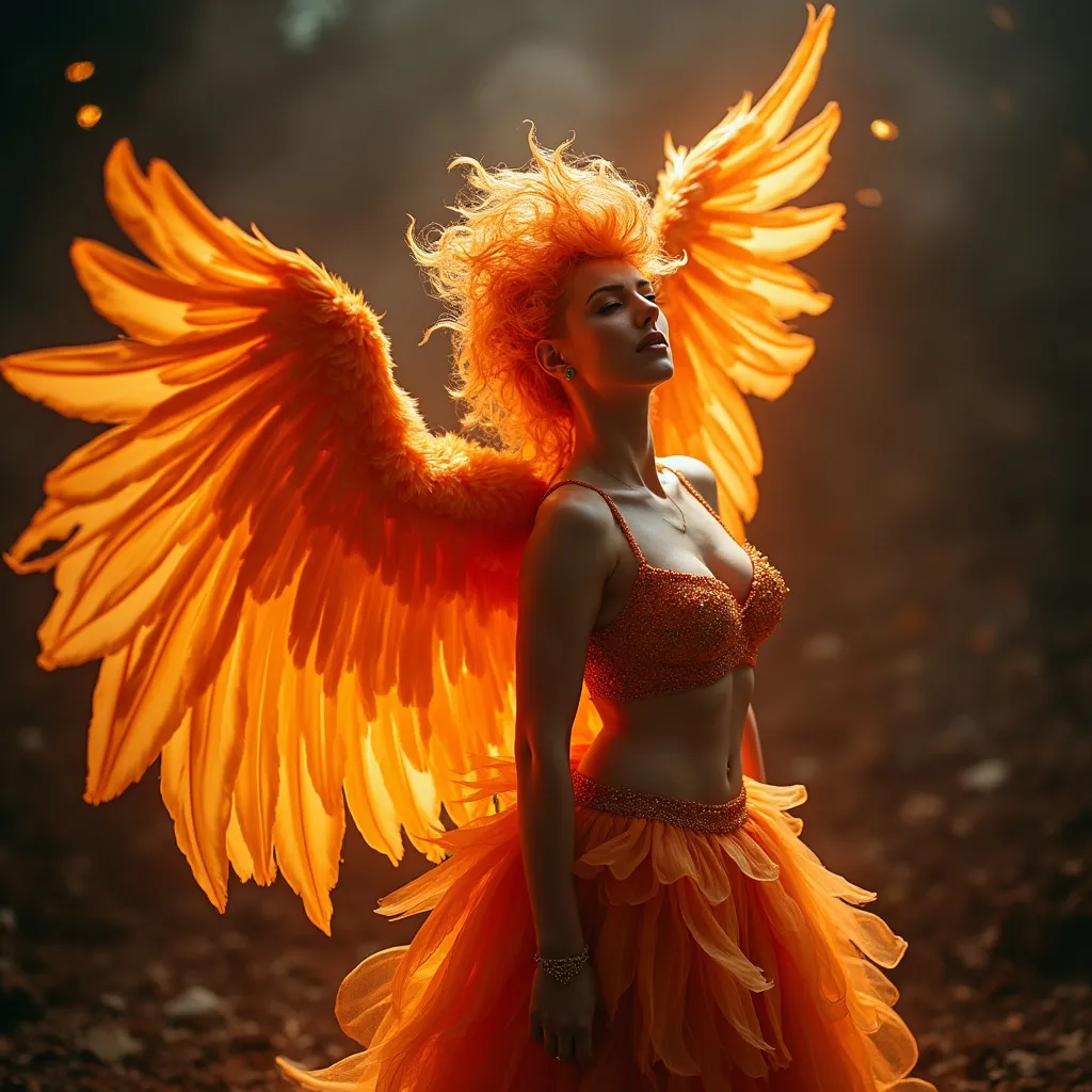 Prompt:  a flaming phoenix is perched on a 35-year-old drag queen goddess' shoulder. She has clothes made of feathers and looks like a phoenix as a 25-year-old drag queen goddess. Full length. Muscular.