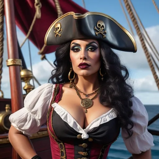 Prompt: A stunning, hyper-realistic and vividly colored depiction of a gorgeous muscular 35-year-old Caribbean pirate drag queen (dark eyeshadow, dark red matte lipstick, black hair, abd big busom) in the 1860s. She stands confidently at the bow of a majestic pirate ship, holding a telescope as she searches for her next prey.