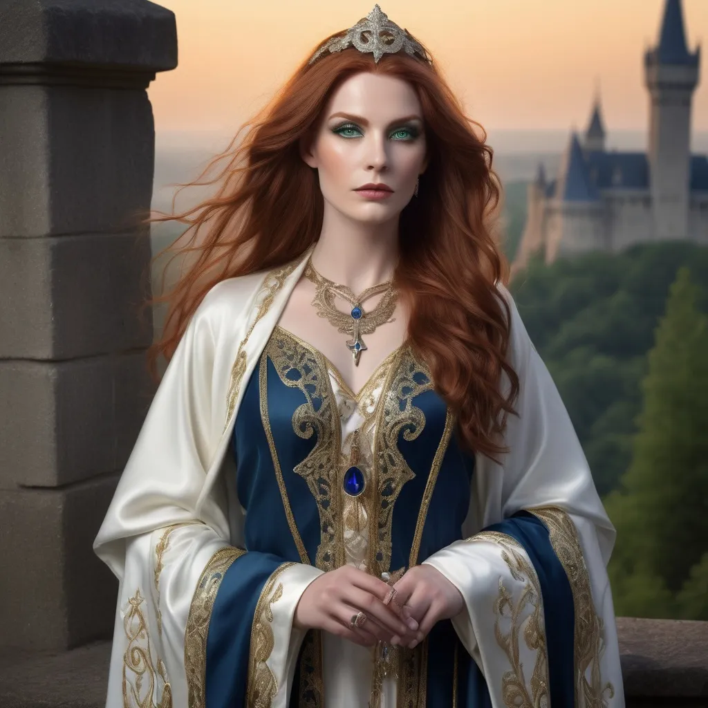 Prompt: Graceful French-inspired noble drag queen mage, long flowing auburn hair, deep green eyes, and an air of serenity. Wears ornate white and gold robes adorned with intricate arcane embroidery, a navy-blue mantle fastened with a silver cross brooch, and a silver pendant. Hands glow with ethereal magic, embodying wisdom and purity. Stands poised in a medieval castle at dusk, radiating an aura of power and divine elegance.