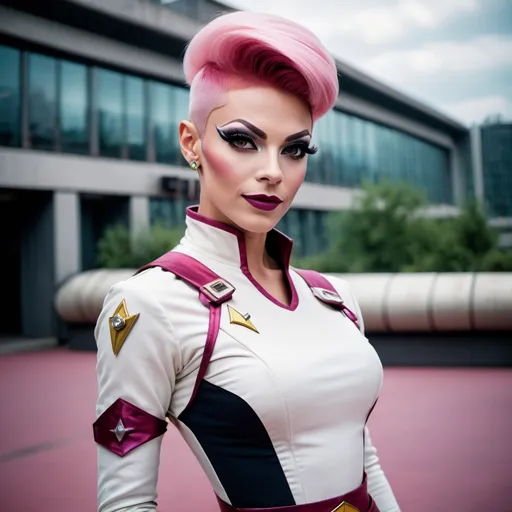 Prompt: Gorgeous ultra-muscular 25-year-old Czechian drag queen, Star Trek Uniform, harness:1.4, full lips, short swept over pink hair, heavy mascara, dark eyeshadow, dark red lipstick, Bridge Command Center Background, instagram pose, smiling, raw photo, sharp focus on eyes, film grain, magazine cover, high quality, clothing details, fine fabric, full body, art student, (official art, extremely detailed CG unity 8k wallpaper), beautifully detailed eyes, detailed fine nose, detailed fingers, (8k), (best quality), ( masterpiece:1.2), (realistic), ( photorealistic:1.57), extremely detailed handsome gentlebeing, couture, magazine cover, textless, high quality, clothing details, fine fabric, full body, 8k, cinematic lighting (high detailed skin:1.1) ,Enhance,Golden Inspiration