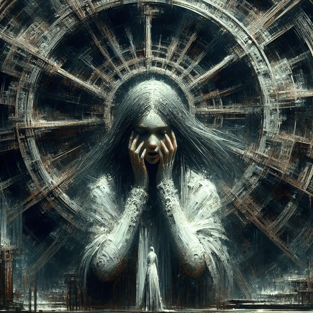 Prompt: a painting of a woman with her hands on her face and hands on her face, with a wheel in the background, Ben Templesmith, antipodeans, elden ring, concept art