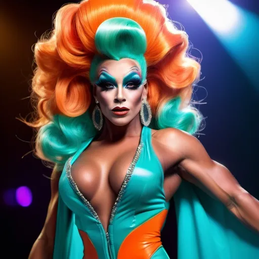 Prompt: Realistic drag queen bodybuilder with vibrant teal and orange makeup, high quality, 8 inch stiletto high heel shoes,  4k resolution, glamorous stage performance, detailed facial features, dramatic lighting, professional makeup, elaborate costume, vibrant colors, realistic, high-res, stage performance, detailed makeup, glamorous lighting, dramatic colors