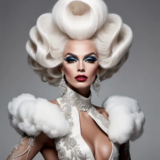 Prompt: A mesmerizing portrait graces the cover of an elite fashion magazine, capturing the essence of high-end sophistication. Set against a Cloud-white backdrop, the gorgeous, muscular, French drag queen (slight masculine jawline and brow features), model exudes confidence and allure, Large busom, adorned in exquisite fashion garments that epitomize elegance and class. This breathtaking image transcends traditional notions of style, embodying an innovative vision of haute couture that pushes the boundaries of modern aesthetics.