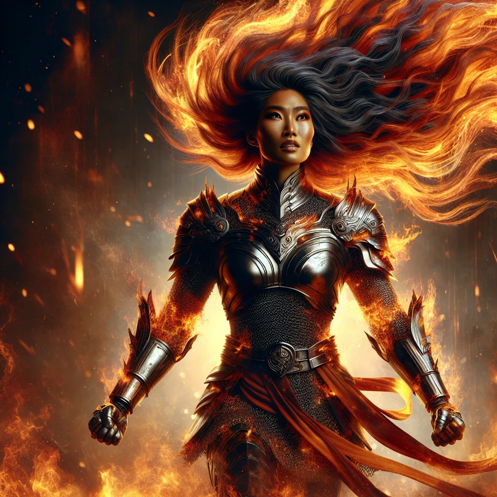 Prompt: Gorgeous muscular 25-year-old fire goddess with ridiculously long flowing fiery hair, with armor wrapped in fire and steel, raging through a battlefield during a blood moon.