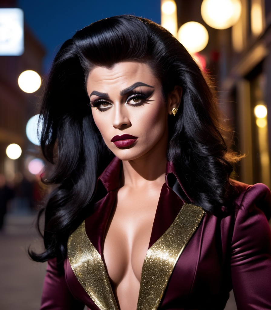 Prompt: Imagine James Dean as a Gorgeous ultra-muscular 25-year-old drag queen bodybuilder with ridiculously long styled black hair, wearing a maroon tailcoat with gold trim, black miniskirt, 8 inch stiletto high heel Prada boots, standing outside Stockholm nightclub at night, 8k photo, high detail, elegant, glamorous, nightlife, olive skin, sophisticated, detailed makeup, wavy hair, luxurious attire, atmospheric lighting