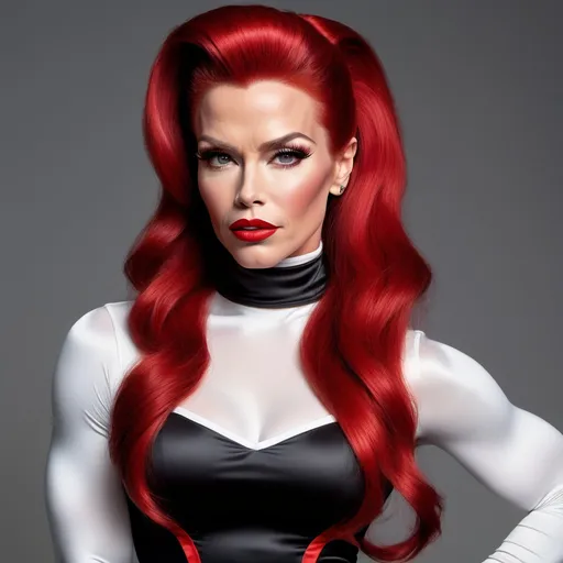 Prompt: Arnold Schwarzenegger dressed as an Ultra-realistic, Ultra-detailed 64k hi-res digital photography, Gorgeous ultra-muscular 25-year-old caucasian Czechian drag queen bodybuilder with ridiculously long flowing bright red dark ponytail hair, wearing a black satin pencil skirt, an off-the-shoulder white turtle neck blouse, and 8 inch stiletto high heel shoes sitting in a lounge.