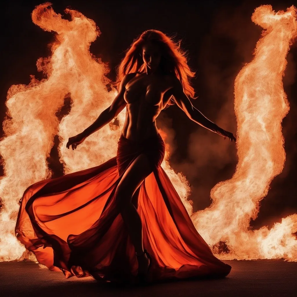 Prompt: Gorgeous dancing 25 year old bodybuilder female, dancing on fire, silhouette, lava, low cut, long flowing fire gown, huge busom, long wavy fiery hair, long muscular legs, 8 inch stiletto high heel shoes, very muscular dancing female, ethereal background, 