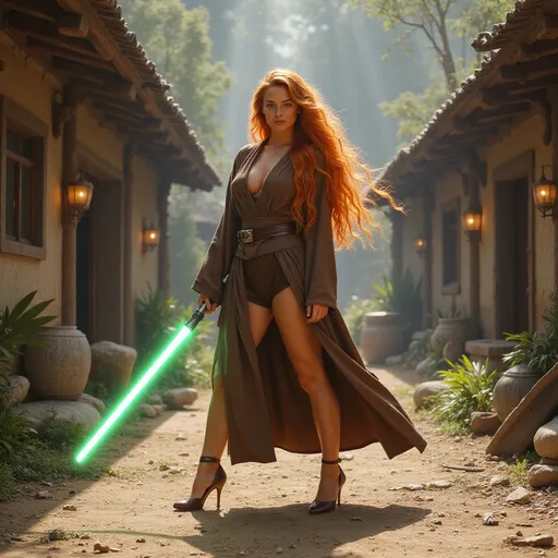 Prompt: Gorgeous ultra-muscular 25-year-old Finnish goddess with huge busom and ridiculously long flowing burnt orange hair wearing Jedi robes with a light saber and 8 inch stiletto high heel shoes posing in a futuristic village in the Star Wars universe. 