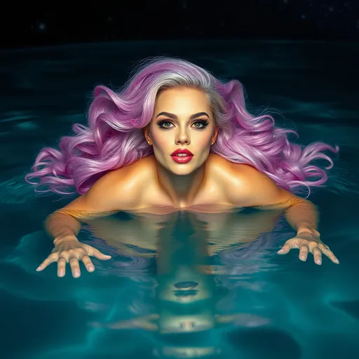 Prompt: A gorgeous ultra-muscular 25-year-old Swedish drag queen goddess swimming in a lake of liquid Mercury in outer space. Vivid colors. Hd imaging.