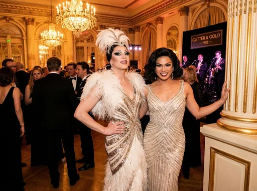 Prompt: Visualize a glamorous scene featuring two stunning 35-year-old drag queens adorned in stunning Bob Mackie creations, captured during a luxurious evening event. The setting is an opulent ballroom, lavishly decorated with sparkling chandeliers casting a warm golden glow over the space. Gentle rays of light illuminate the intricate details of their gowns, embellished with sequins and feathers that catch the light as they move. One 35-year-old french drag queen, with a confident smile, poses playfully with one hand on her hip, her dramatic makeup enhancing her captivating gaze. The other 35-year-old Filipino drag queen, exuding classic charm, leans against an ornate column, her expression one of playful mischief. Soft music fills the air, and the atmosphere is electric with excitement, reminiscent of a glamorous 80s pop era. This scene would be best represented in a cinematic lighting style, evoking nostalgia and star-studded allure.