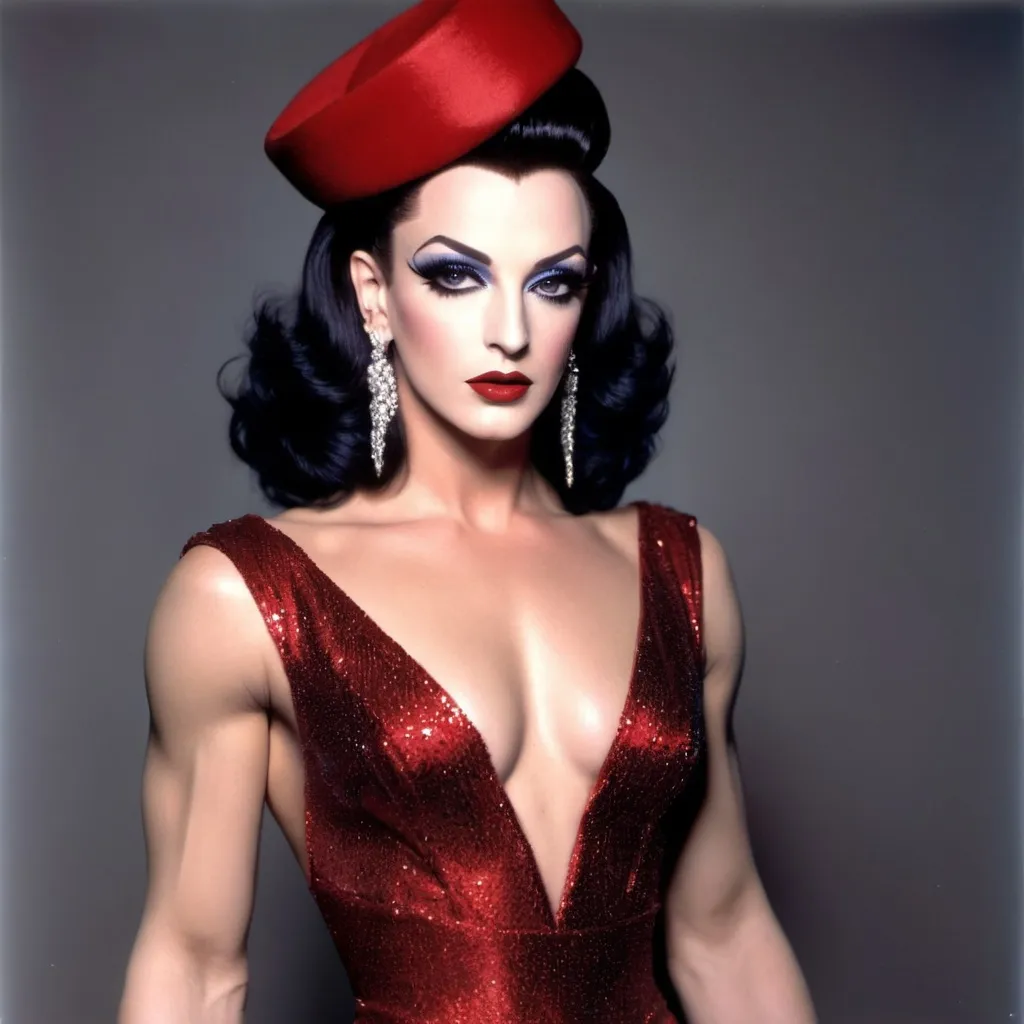 Prompt: If young boy George was a gorgeous muscular drag queen (full length photo) with long muscular legs and a very muscular physique. Performing in a beautiful gown. Dark eye shadow, heavy mascara, and dark red lip stick.