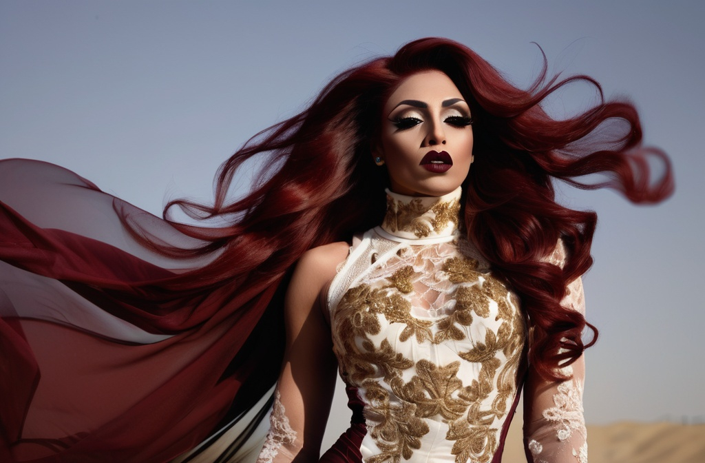 Prompt: Gorgeous ultra-muscular 25-year-old Saudi Arabian drag queen bodybuilder with ridiculously long wavy dark red hair (((blowing in the wind))). Dark smoky eyeshadow and dark red lipstick. Covered turtle neck, Intricate floral gold embroidery, lace see through mesh chiffon fabric, very flowy, Full length image, bronze white embroidery dress ,posing,captured with soft focus and muted colors typical of early film photography, caftan Moroccan dress, tight fitted mermaid, ruffles