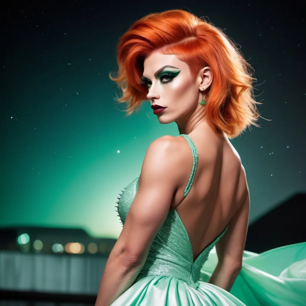 Prompt: Gorgeous ultra-muscular 25-year-old Czechian drag queen bodybuilder with short spiked swept Orange hair wearing a mint green flowy gown, dark eye shadow, heavy mascara, and dark red lipstick, staring at the stars in the sky and feeling content.