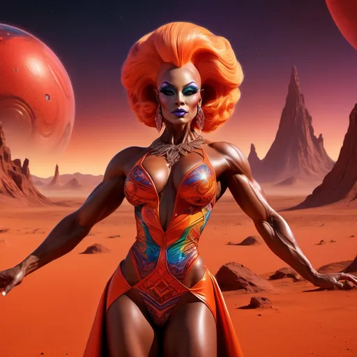 Prompt: The most beautiful drag queen bodybuilder on Mars wearing the traditional Martian dress.