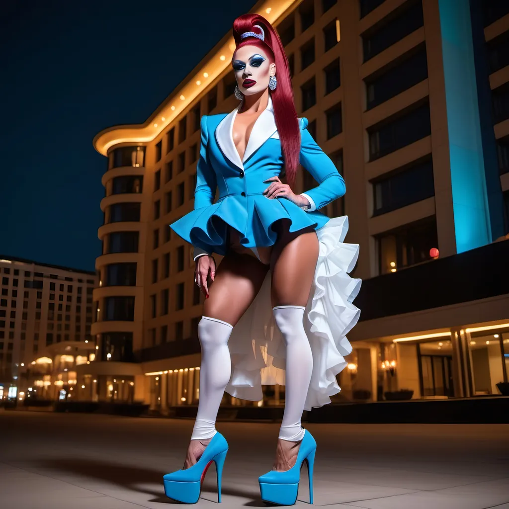 Prompt: A gorgeous muscular 25-year-old Czechian drag queen bodybuilder with very long high tigh dark red ponytail, dark eyeshadow,  and dark lipstick, wearing a powder blue and white tuxedo with ruffles and eight inch power blue platform high heel shoes. Posing in front of a fancy hotel at night.