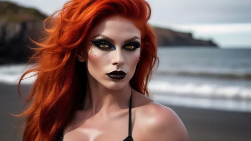 Prompt: In a dark, mysterious beach setting, a daring, gorgeous 25-year-old Swedish drag queen bodybuilder with vibrant red hair, heavy mascara, and dark red lipstick strikes a fierce pose for a photo. Her wild, messy hair contrasts in black and orange hues, creating a striking blend of edginess and glamor. The long, shaggy locks cascade around her, exuding confidence and individuality as the full moon shimmers off her.