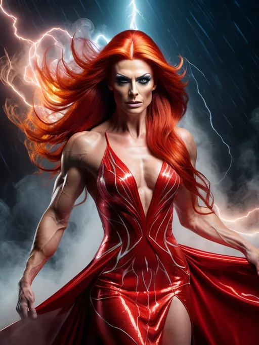 Prompt: Splash art, swirling magical lights, dense fog, create an intricately detailed, full body, ultra realistic, 3D Rendered image. Focused on an enticing, alluring, highly detailed, Gorgeous ultra-muscular 25-year-old caucasian French drag queen bodybuilder with ridiculously long straight shiny Red hair, wearing a gown of lightning, caucasian, super exotic, goddess. {Casting a magic lightning bolt in an epic depiction of battling the green orcs in a fantasy tower}, using a legendary fantasy weapon. In a dystopian city destroyed by war background. 8k resolution, photo realistic, highly exotic, ultimate fantasy, digital concept art, perfect cinematic lighting, perfect shading.