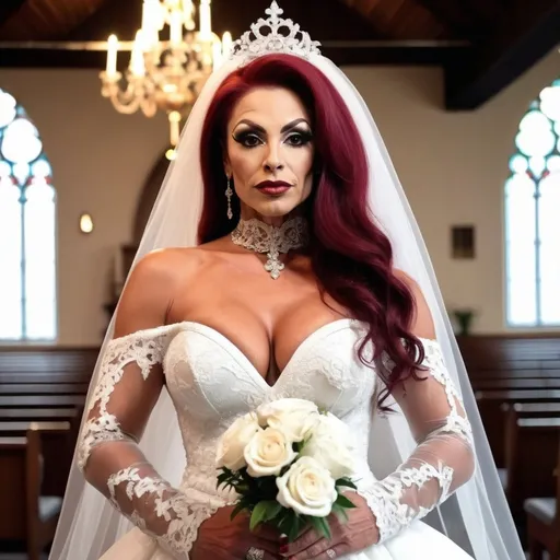 Prompt: A gorgeous muscular 35-year-old Turkish drag queen bodybuilder with big busom and dark red hair, wearing a poofy ivory wedding gown with off the shoulder long sleeves and lace detailing with sweetheart neckline, posing at the curch.