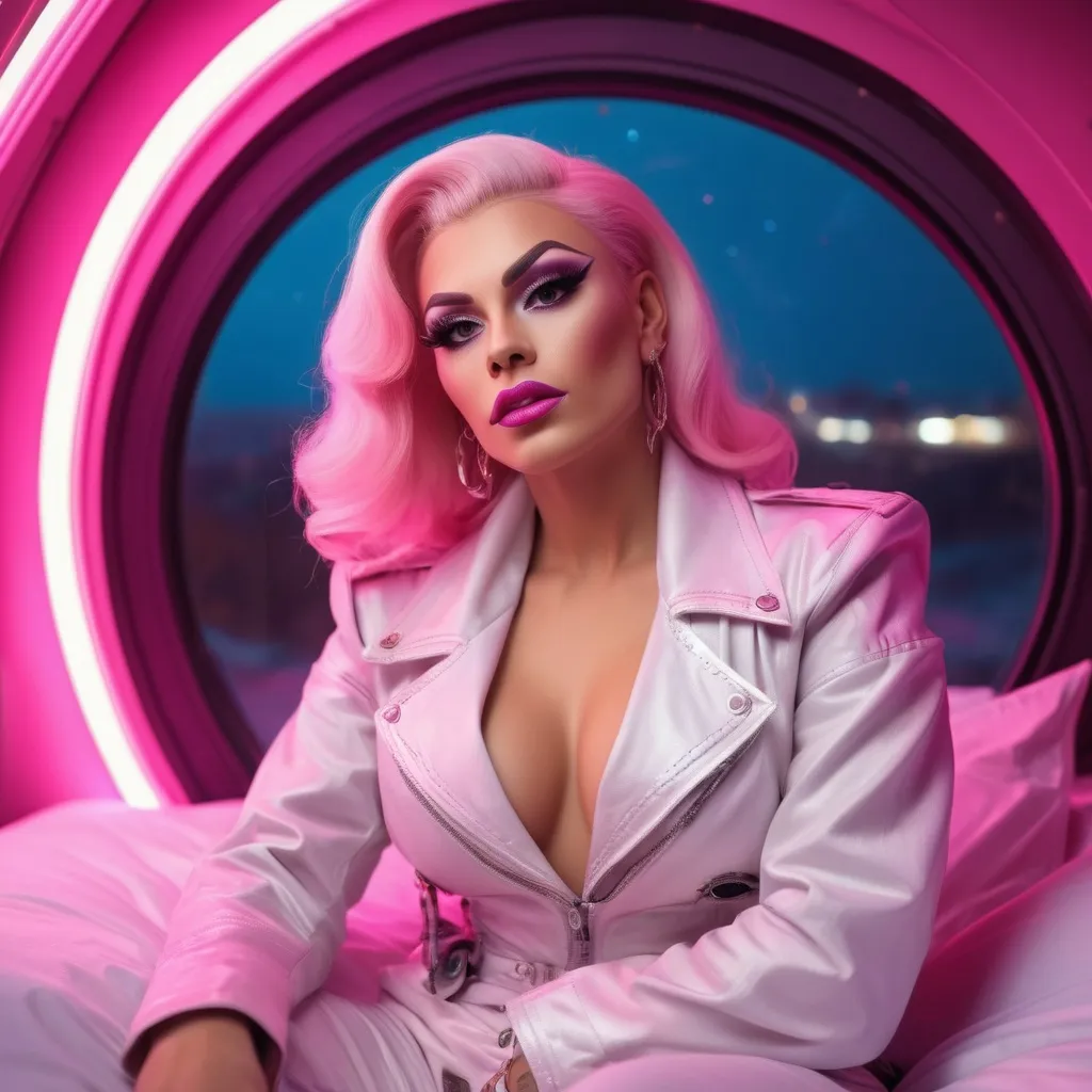 Prompt: Gorgeous nostalgic 25-year-old caucasian Polish drag queen (very strong masculine jawline and brow features) with big busom inside a spaceship, in light clothes, sitting in bed under pink neon lights, looking to the stars through the window