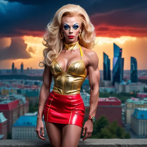 Prompt: Don Knotts dressed up as a Gorgeous ultra-muscular 25-year-old drag queen bodybuilder in colorful neon red and gold mini skirt, highly detailed face with sharply detailed blue eyes, UHD, volumetric lighting, standing on a bluff, distant storm approaching Moscow, futuristic fashion, detailed hair, elegant pose, cityscape, urban, intense gaze, highres, ultra-detailed, glamorous, fashion, atmospheric lighting, modern