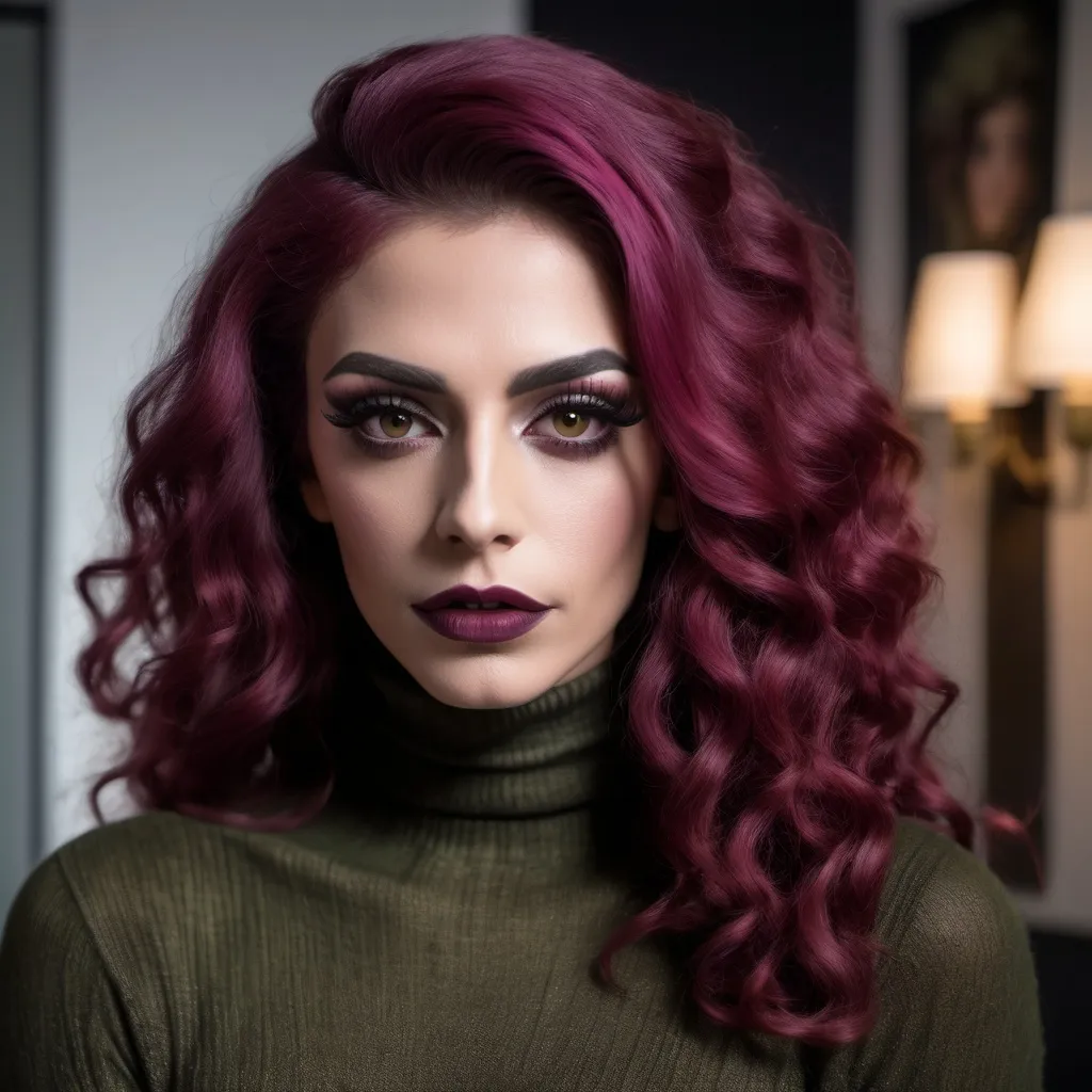 Prompt: (35-year-old Turkish genderfluid drag queen with long curly magenta hair), wearing an olive long knitted black turtleneck shirt and skinny jeans, dark ete makeup, dark lipstick,  masculine jawline and brow, (close up,low angle shot ), inside a softly lit room, (white curtains gently swaying),  captured in an extremely detailed (oil painting style), (photorealistic), sunlight streaming through the woman  , she is looking out the window and  holding the curtains with her hands ,(artistic modeling pose) ,high resolution , detailed , bright colors