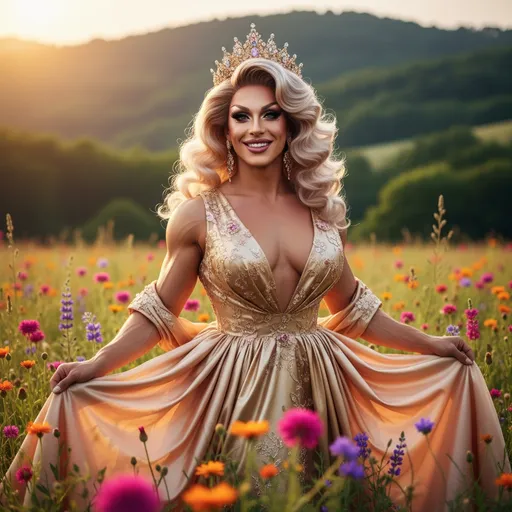 Prompt: A beautiful, muscular, 35-year-old Slovenian drag queen with big busom, strikingly graceful with elegant features and captivating eyes, showcasing a radiant smile, dressed in a flowing gown that drapes softly around her. The backdrop is a serene landscape bathed in golden sunlight, with vibrant flowers blooming around her. The overall ambiance is warm and inviting, emphasizing her beauty. High quality, ultra-detailed, capturing every nuance and texture in brilliant colors.