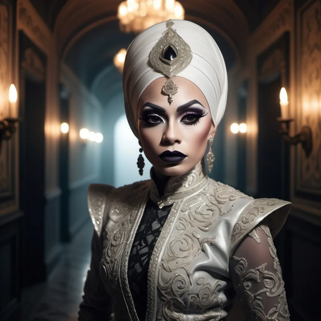 Prompt: hyper-detailed dull photo of a gorgeous muscular masculine 25-year-old Betawi drag queen, with dark eye makeup, dark lipstick, venetian lace jilbab, cropped jacket, foggy old hallway, art pose, medium format, epic character composition, sharp focus, intricate filigree details, cinematic lighting, volumetric fog, award-winning, masterpiece, 64K, professionally color graded