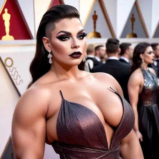 Prompt: Gorgeous thicc muscular 25-year-old Slovenian drag queen (very strong masculine jawline and brow features) with large busom wearing a beautiful stylish multi-fabric gown with long train, 8 inch stiletto high heel shoes.  Dark eyeshadow and dark lipstick. Walking the red carpet at the Oscars.