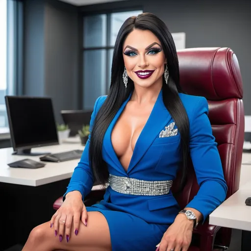 Prompt: Head to waist photo of gorgeous ultra-muscular 25-year-old , bosomy:2.0, long straight shiny black hair, diamond shape face, blue eyes, Norwegian drag queen bodybuilder, heavy makeup,  dark ruby lipstick, smile,(business suit with skirt), intricate face, sitting in a modern office.