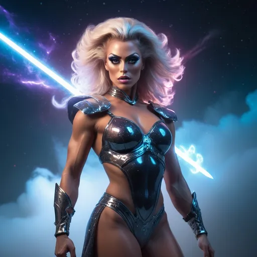 Prompt: splash art, hyper detailed, hyper realistic, highly detailed, dark, surreal heavy mist, floating at the edge of the world, With the Milkyway galaxy in the background,

Focused on a computer generated hologram of a beautiful, ultra realistic, ultra muscular, 25-year-old Norwegian drag queen, bodybuilder, Time Guardian Goddess, wearing Obsidean Armor,

Gorgeous, highly detailed facial features, long legs, vibrant sumptuous perfect body, ultra pale, visible midriff,

Wielding an electric sword

Perfect studio lighting, perfect shading. HDR, UHD, high res, 64k, cinematic lighting, special effects, hd octane render, professional photograph, trending on artstation, .