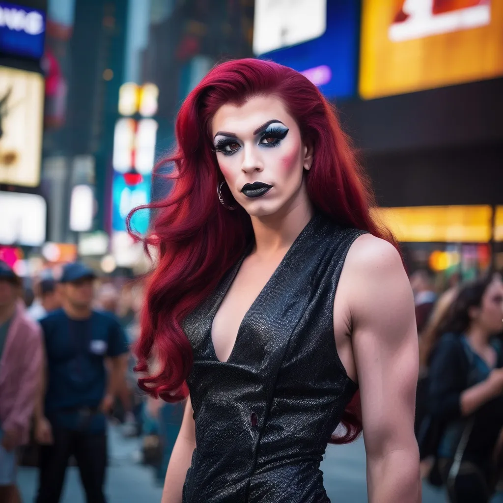 Prompt: Gorgeous masculine 25-year-old Czechian drag queen with long dark red hair wearing a mix of men's and women's clothes. 8 inch stiletto high heel shoes.  Dark eye makeup and dark lipstick.  Location: Time Square.