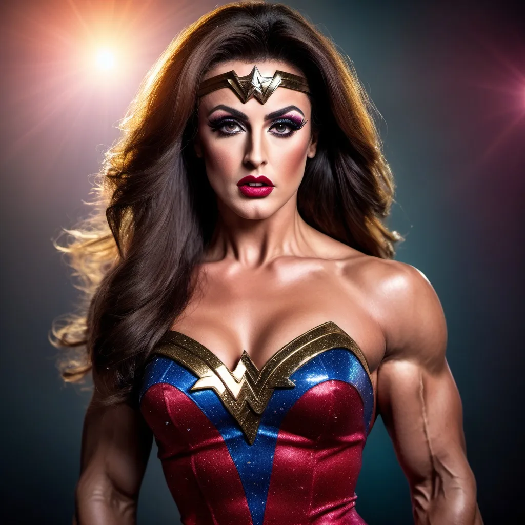 Prompt: Sylvester Stallone dressed up as (Gorgeous ultra-muscular Turkish drag queen bodybuilder wearing wonder woman dress and 8 inch stiletto high heel boots) age 25 years old, dark eye makeup, dark lipstick, professional photo, vivid colors, studio lighting, hyper detailed, HDR, bokeh, long silk hair, full body, perfect anatomy, beautiful face ,Sunset background, highly realistic, ultra-detailed, 8K, high quality.