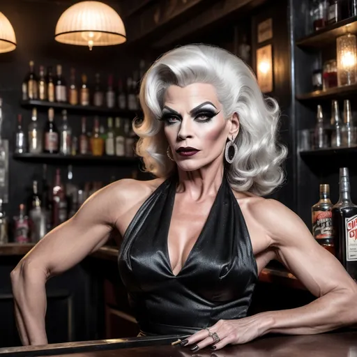 Prompt: Gorgeous muscular 45-year-old femme fatale drag queen with graying hair (strong masculine jawline and brow) in a dimly lit gritty bar, (1950s noir aesthetics), leaning against the bar, wearing a sleek black & white cocktail dress, dark eyeshadow, dark lipstick, (holding a lit cigarette), wisps of smoke drifting, dramatic shadows, atmospheric ambiance, (high detail) & (cinematic quality), 8K resolution, hooded incandescent lamp spotlighting her hauntingly beautiful appearance, evokes tension and allure, capturing the essence of classic noir photography.