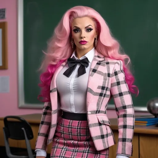 Prompt: Ultra-realistic 64k hi-res digital photograph of a Gorgeous ultra-muscular 25-year-old Ukrainian drag queen bodybuilder with ridiculously long wavy pink hair, a pink tweed jacket, white shirt, pink bowtie, black plaid tweed pencil skirt, and 8 inch stiletto high heel shoes, standing at the front of a classroom by a chalkboard. 