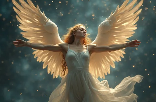 Prompt: Create a gorgeous muscular goddess (((masculine jawline and brow features))), a lovely angel, in space, suspended in mid-air, with a serene, peaceful expression, showing her full body and wingspan, symmetrical and glistening wings outstretched, masterfully rendered in exquisite detail, showcasing intricate textures, and an, ethereal ambiance, with, luminous lighting, and a silent, iridescent glow, with a mix of realism and fantasy, blending traditional and digital media, in a highly detailed, high-resolution image, with a shallow depth of field, and a subtle bokeh effect, set against a dreamy, outer space backdrop