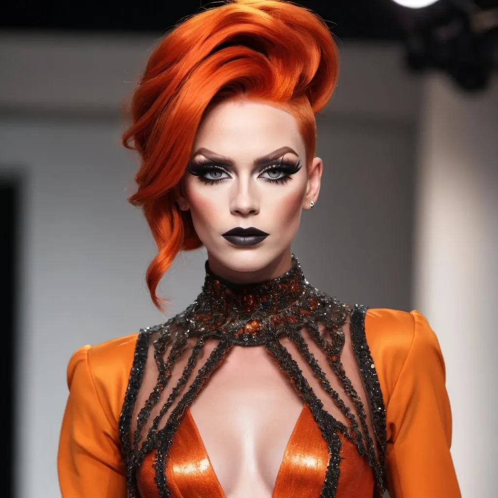 Prompt: Gorgeous statuesque 25-year-old Norwegian drag queen runway model wuth dark orange hair walking the catwalk at a fashion show.