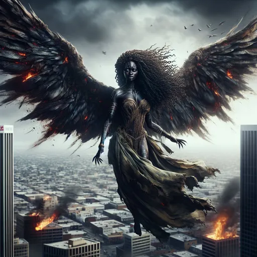 Prompt: Gorgeous, muscular, female, angel of death wearing dark and bloody robes. Ridiculously large wings. Ridiculously long flowing black hair. Flying over the streets of Los Angeles during Armageddon. 