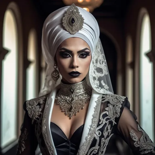 Prompt: hyper-detailed dull photo of a gorgeous muscular masculine 25-year-old Betawi drag queen, with dark eye makeup, dark lipstick, venetian lace jilbab, cropped jacket, foggy old hallway, art pose, medium format, epic character composition, sharp focus, intricate filigree details, cinematic lighting, volumetric fog, award-winning, masterpiece, 64K, professionally color graded