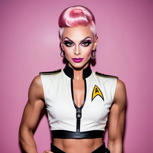 Prompt: Gorgeous ultra-muscular 25-year-old Czechian drag queen, Alyssa Edwards, Star Trek Uniform, harness:1.4, full lips, short swept over pink hair, heavy mascara, dark eyeshadow, dark red lipstick, Bridge Command Center Background, instagram pose, smiling, raw photo, sharp focus on eyes, film grain, magazine cover, high quality, clothing details, fine fabric, full body, art student, (official art, extremely detailed CG unity 8k wallpaper), beautifully detailed eyes, detailed fine nose, detailed fingers, (8k), (best quality), ( masterpiece:1.2), (realistic), ( photorealistic:1.57), extremely detailed handsome gentlebeing, couture, magazine cover, textless, high quality, clothing details, fine fabric, full body, 8k, cinematic lighting (high detailed skin:1.1) ,Enhance,Golden Inspiration