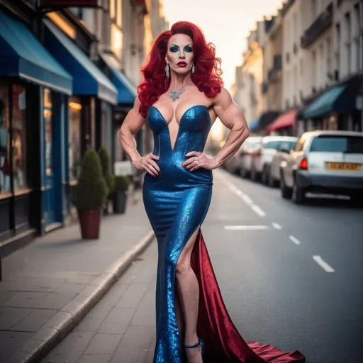 Prompt: Glamour photo of a gorgeous muscular 35-year-old French drag queen bodybuilder (dark red hair, dark eyeshadow, dark red matte lipstick, big busom) walking down the high street at sunset, detailed white & blue mermaid dress with 8 inch stiletto high heel shoes, realistic, natural lighting