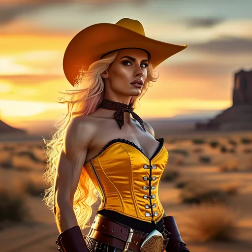 Prompt: (Gorgeous ultra-muscular 25-year-old Swedish drag queen bodybuilder cowgirl with ridiculously long strawberry-blonde hair), standing confidently in a yellow corset and elegant black pants and longcoat, cowboy hat, full body shot, vibrant desert background at sunset, warm golden and crimson tones illuminating the scene, dramatic shadows, ultra-detailed, capturing an adventurous and daring spirit, dynamic pose, rugged leather stiletto high heel boots, striking facial features, showcasing both strength and beauty.