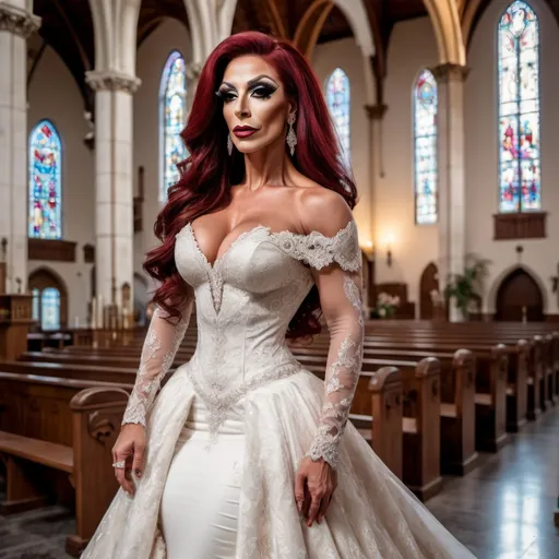 Prompt: A gorgeous muscular 35-year-old Turkish drag queen bodybuilder with big busom and dark red hair, wearing a poofy ivory wedding gown with off the shoulder long sleeves and lace detailing with sweetheart neckline, posing at the curch.