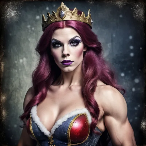 Prompt: Grunge medieval Gorgeous 25-year-old Daphne Blake drag queen bodybuilder (strong drag queen facial features), impasto, old picture effect, whimsical, highres, detailed, medieval, impasto, old picture effect, grunge, Snow White, fairy tale, dark tones, atmospheric lighting