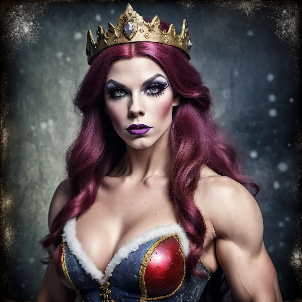 Prompt: Grunge medieval Gorgeous 25-year-old Daphne Blake drag queen bodybuilder (strong drag queen facial features), impasto, old picture effect, whimsical, highres, detailed, medieval, impasto, old picture effect, grunge, Snow White, fairy tale, dark tones, atmospheric lighting