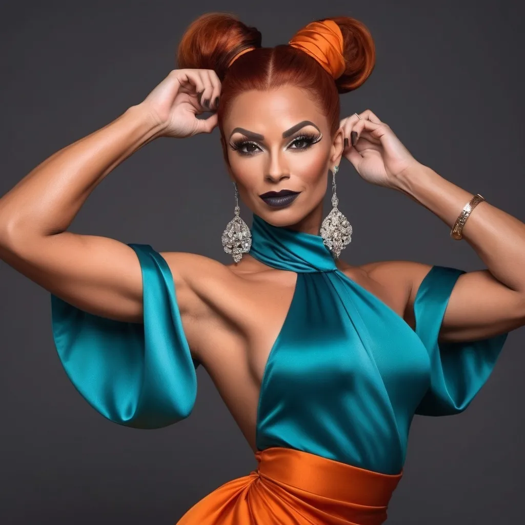 Prompt: Radiating elegance and confidence, a Gorgeous, very muscular, suntanned, 35-year-old, suntanned, French drag queen bodybuilder (with masculine jawline and brow facial features, dark lipstick, burnt orange hair) poses against a soft backdrop, enticing with her striking features and fashion-forward ensemble. She sports a bold teal dress adorned with intricate silver patterns and figures, which includes a high neckline and short sleeves, emphasizing a theatrical flair. Her burnt orange hair is styled into a chic top knot, complemented by a matching patterned scrunchie that adds an artistic touch. With a subtle smile and her finger poised thoughtfully beside her cheek, she exudes both poise and charm, illuminated by soft, flattering lighting that enhances her flawless makeup and sparkling accessories. The overall composition conveys a captivating blend of luxury and modernity, inviting the viewer into her polished world.