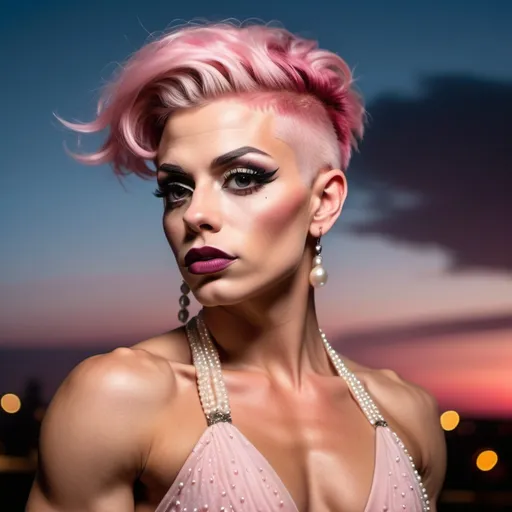 Prompt: Gorgeous ultra-muscular 25-year-old Czechian drag queen bodybuilder (masculine jawline and brow features) with short spiked pink hair wearing a pearl colored flowy gown, dark eye shadow, heavy mascara, and dark red lipstick, staring at the stars in the sky and feeling content.