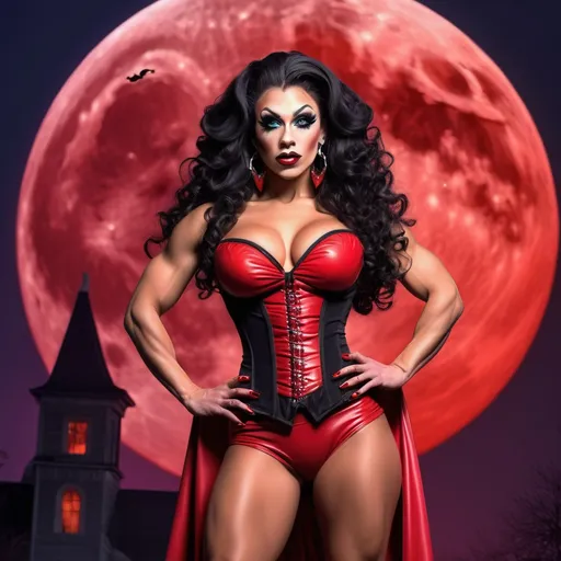 Prompt: a gorgeous ultra-muscular 25-year-old Romanian drag queen bodybuilder in a witches costume standing in front of a full moon, promotional art, strong red hue, ign, (dark long curly hair), heavily upvoted, inspired by Greg Staples, bright red, wearing corset, 8 inch stiletto high heel shoes.