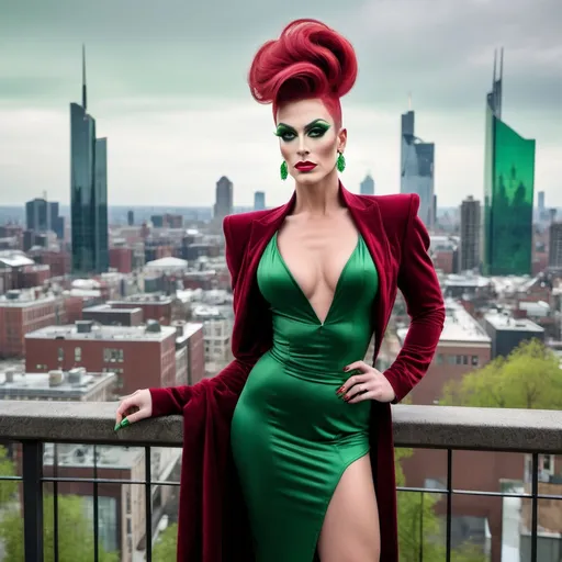Prompt: A handsome man is dressed up as a Gorgeous muscular 25-year-old Belgian drag queen (strong masculine jawline and brow) with very long dark red tight updo hair in a green outfit and 8 inch stiletto high heel shoes, with a cityscape background, Erlund Hudson, transgressive art, promotional image, a character portrait