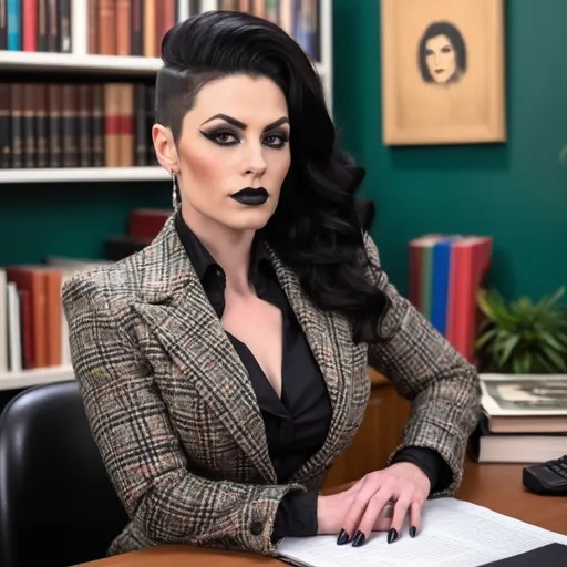 Prompt: Gorgeous, muscular, transwoman Teacher (with very strong masculine jawline) with long luscious black updo hair, dark eye makeup,  and dark lipstick wearing a beautiful designer tweed jacket & dress and thigh-high 8 inch stiletto boots. Sitting confidently on her desk.